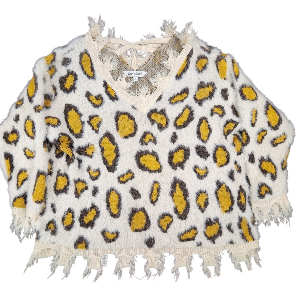 Davi & Dani Sweater Sz L Leopard‎ Animal Print Fringe V Neck Fuzzy 80s Style
